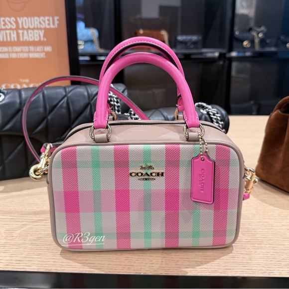 Coach Satchel Crossbody Bag with Plaid Print Lady Purse Zip Top Handle PinkCBI90 - Picture 1 of 6